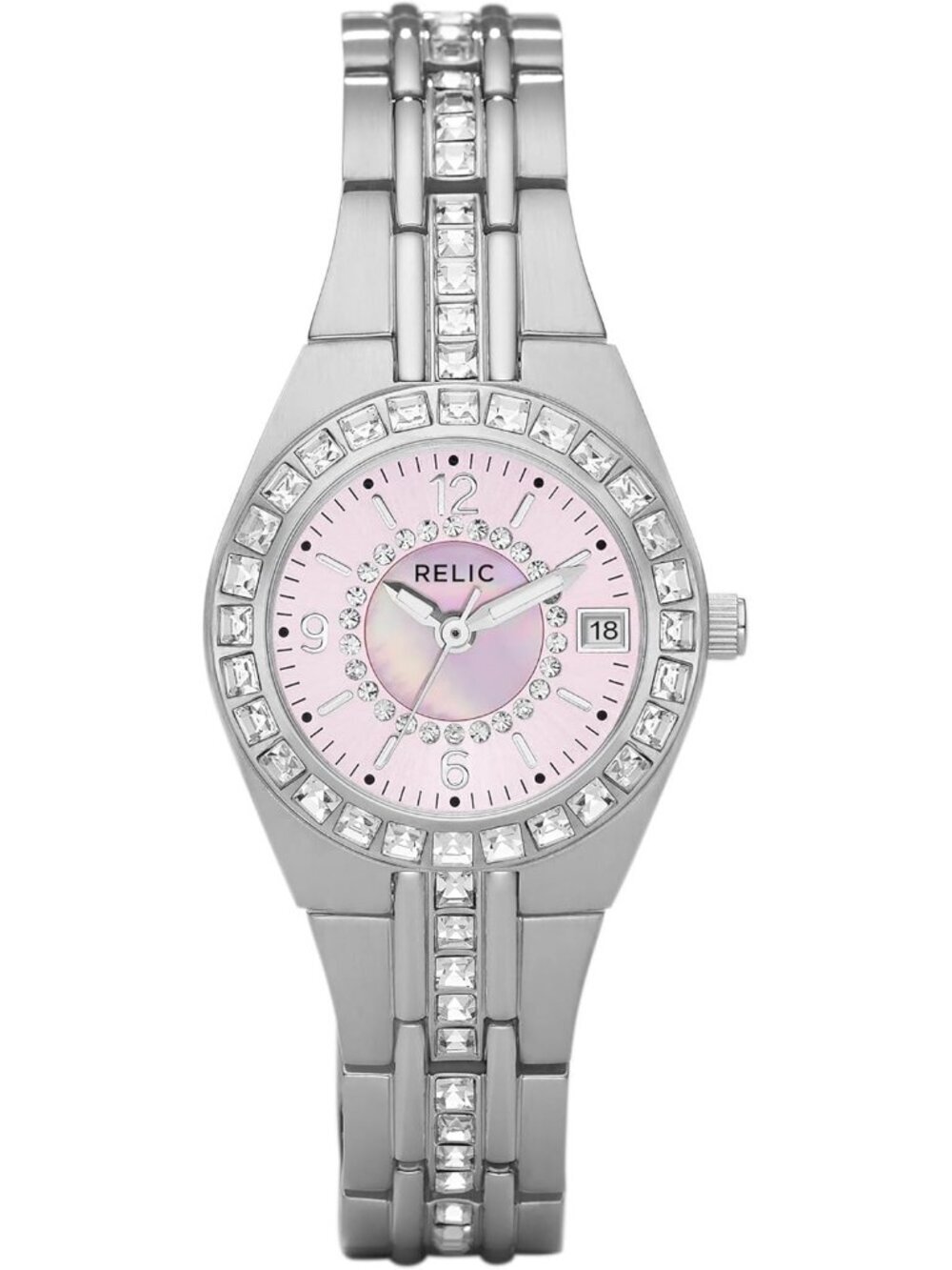 Relic Women Silver Pink Analog Quartz Fossil Queen's Court Bracelet Luxury Watch